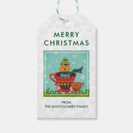 Etiqueta Para Presente Gato Whimsso Sentado em um Teacup Feliz Natal