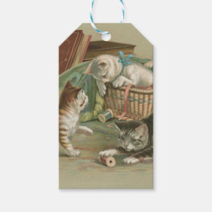 Etiqueta Para Presente Gatos Vitorianos Antigos Brincando em Cesta de Cos