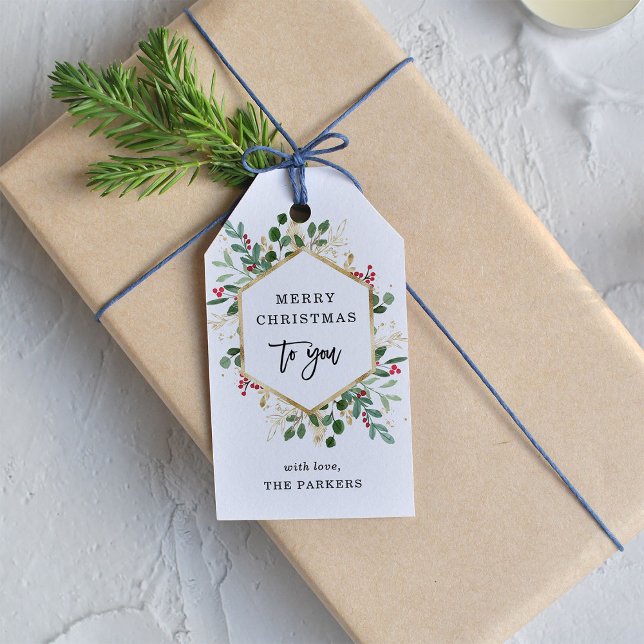 Etiqueta Para Presente Gilded Greenery em Branco | Feliz Natal (Criador carregado)