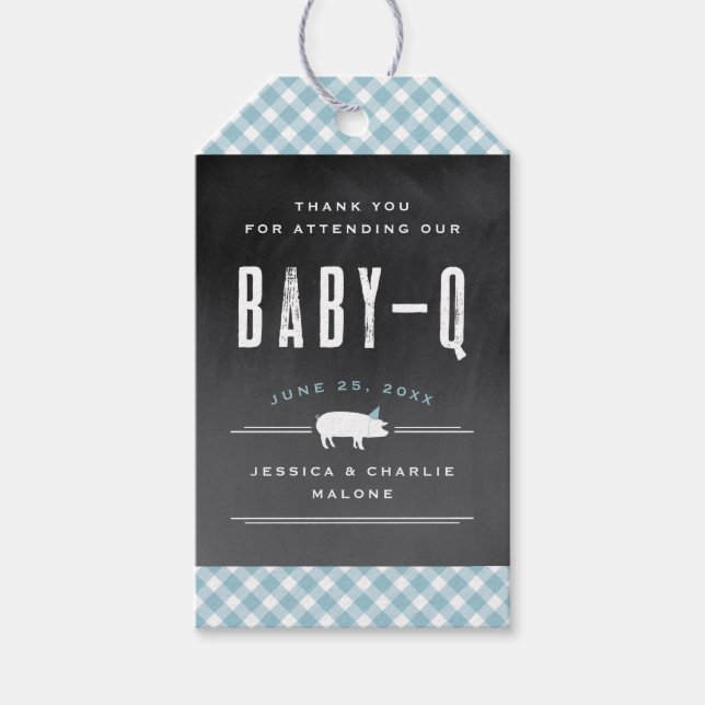 Etiqueta Para Presente Gingham Baby CHURRASCO Blue Chá de fraldas (Frente)