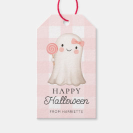 Etiqueta Para Presente Gingham Rosa Feliz Fantasma das Bruxas