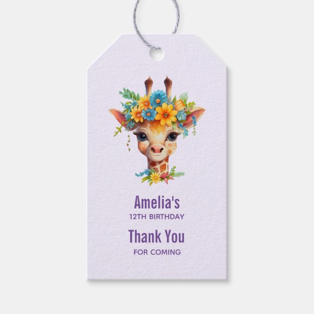 Etiqueta Para Presente Girafa Bonita com Aniversário Floral Obrigado (Frente)