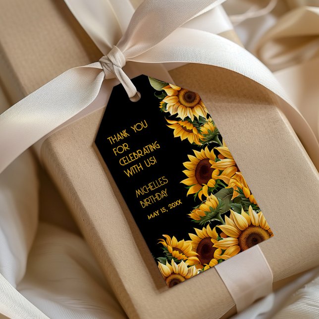 Etiqueta Para Presente Girassóis Black Rustic Elegname Aniversário (Sunflowers on black birthday party gift tag)