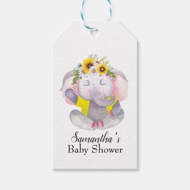Etiqueta Para Presente Girly Sunflower Baby Elephant Chá de fraldas (Frente)