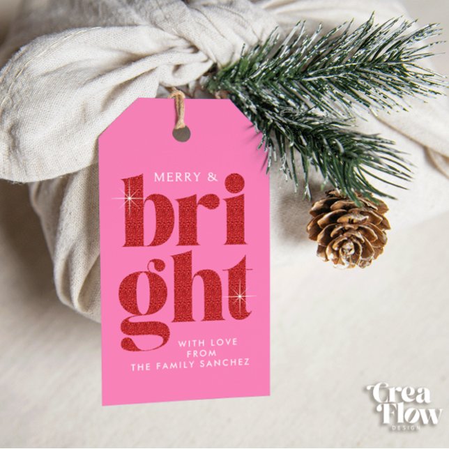 Etiqueta Para Presente Glam Red Sequin Feliz e Bright Christmas (Christmas gift tag with red sequin-like text `Merry and Bright´ on a Pink background. )