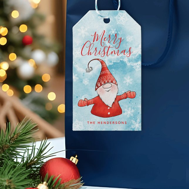 Etiqueta Para Presente Gnomo, Azul, Vermelho e Feliz Natal (Personalized Blue and Red Merry Christmas Gift Tags with a Cute Gnome )
