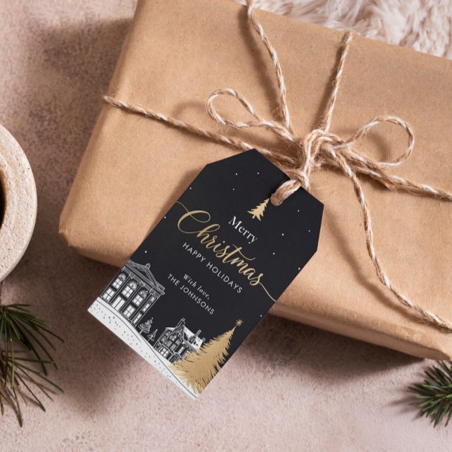 Etiqueta Para Presente Gold & Black Merry Christmas Calligraphic (Criador carregado)