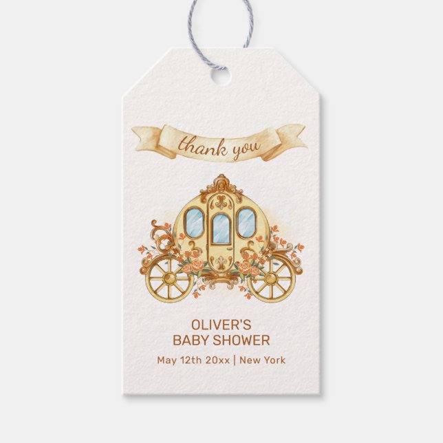 Etiqueta Para Presente Gold Elegant Flower Prince Carriage Baby Shower  (Frente)