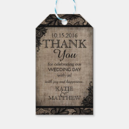 Etiqueta Para Presente Gótico Moderno Black Lace Burlap Obrigado