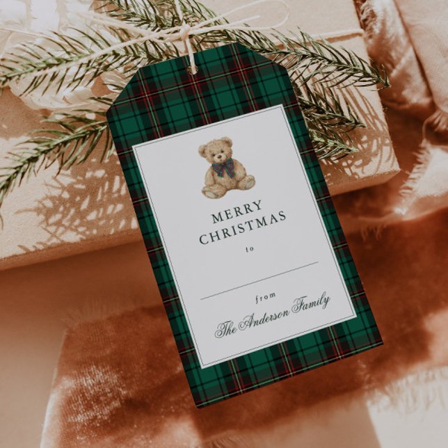 Etiqueta Para Presente Green Plaid Teddy Bear Christmas Party (Criador carregado)