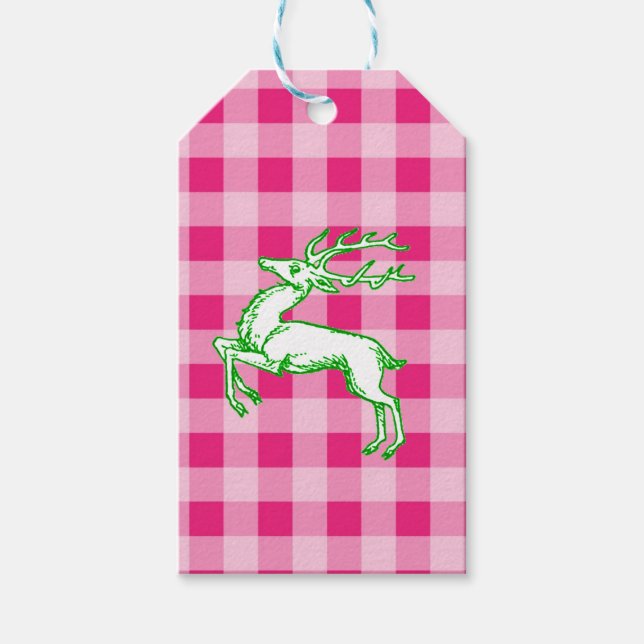 Etiqueta Para Presente Green Reindeer Pink Gingham (Frente)