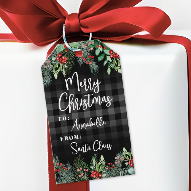 Etiqueta Para Presente Greenery Preto Feliz Natal (Greenery Plaid Merry Christmas Gift Tags)
