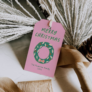 Etiqueta Para Presente Grinalda de Natal rosa verde pintada à mão Ousada