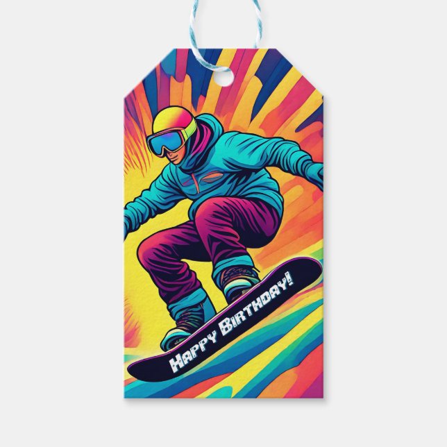 Etiqueta Para Presente Groovy Psychedelic Teen Snowboarder Aniversário (Frente)