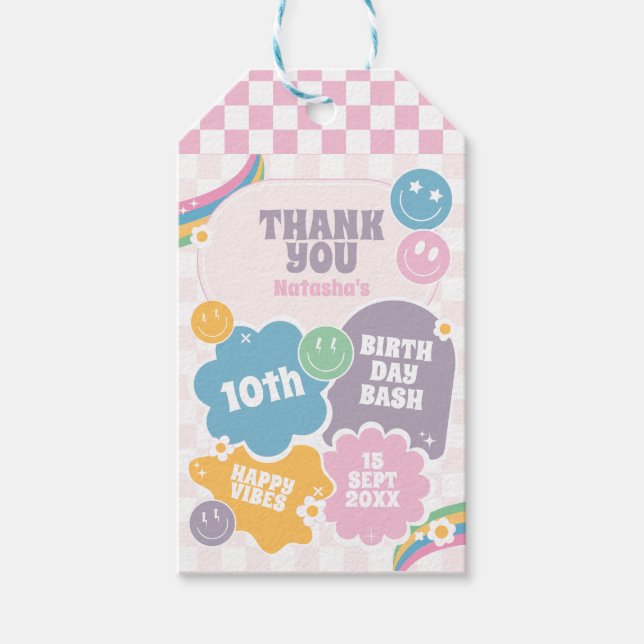 Etiqueta Para Presente Groovy Retro Sorri Aniversário Obrigado (Frente)