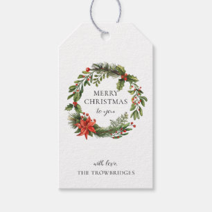 Etiqueta Para Presente Guirlanda de Natal Botânica com Poinsettia Monogra