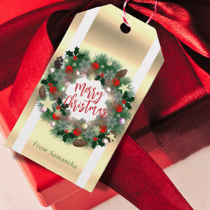 Etiqueta Para Presente Guirlanda de Natal pinhas, estrelas, bolas vermelh