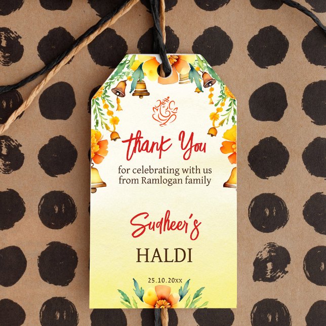 Etiqueta Para Presente Haldi marigolds sinaliza obrigado de casamento índ (Haldi Indian wedding favor gift tags template marigold and bells yellow watercolor Ganesha gift tags)