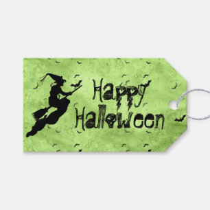Etiqueta Para Presente Halloween Bruxa e Morcegos Silhouette Green Grunge
