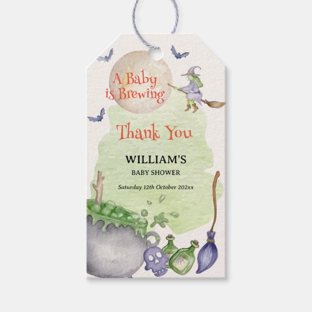 Etiqueta Para Presente Halloween Cauldron Baby Breaking Chá Obrigado (Frente)