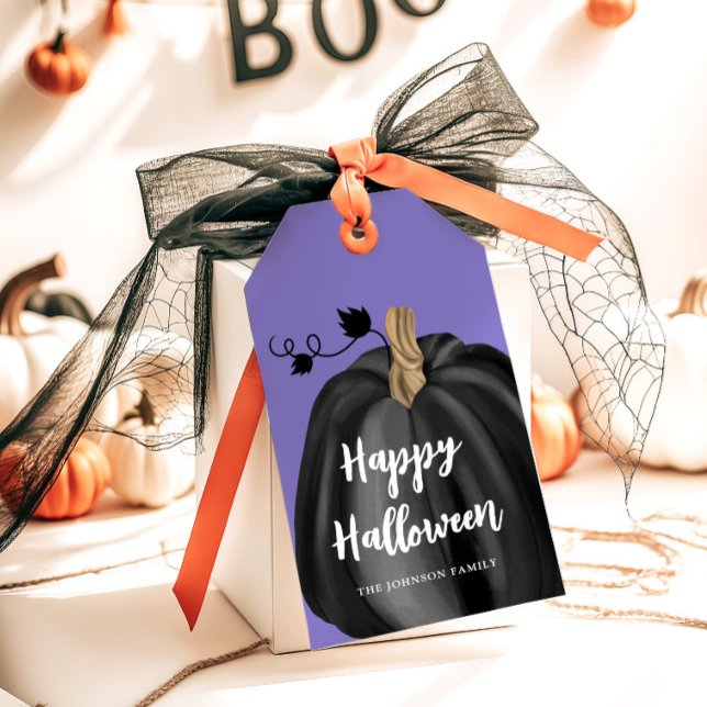 Etiqueta Para Presente Halloween de Pumpkin com Script Púrpura (Cute Purple Script Pumpkin Halloween Gift Tags)