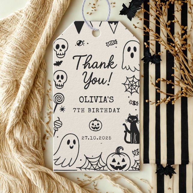 Etiqueta Para Presente Halloween Ghost & Skeleton Aniversário Obrigado (Criador carregado)