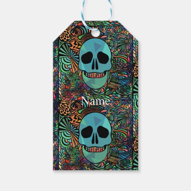 Etiqueta Para Presente Halloween Hippie Skull Thunder_Cove (Frente)