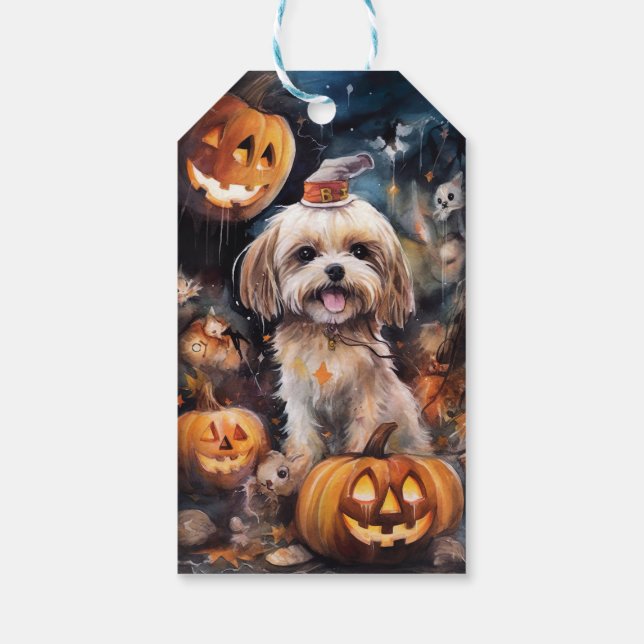 Etiqueta Para Presente Halloween Lhasa Apso Com Pumpkins Assustado (Verso)