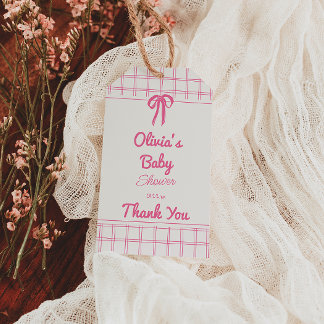 Etiqueta Para Presente Hand Drawn Pink Gingham Bow Baby Girl Shower