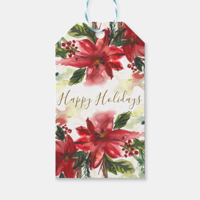 Etiqueta Para Presente Handpainted Watercolour Poinsettas (Frente)