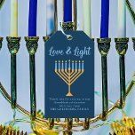 Etiqueta Para Presente Hanukkah Love & Light Custom Menorah Party Blue<br><div class="desc">Uma bela etiqueta personalizada de presente de Amor e Chanucá leve para uma família judia ou uma festa Chanukah com sinagoga. Personalize com seu próprio sobrenome ou informações de grupo em azul sob o bonito menorá dourado.</div>