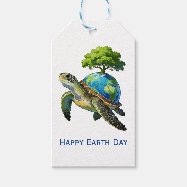 Etiqueta Para Presente Happy Earth Day Turtle Planet and Trees (Frente)