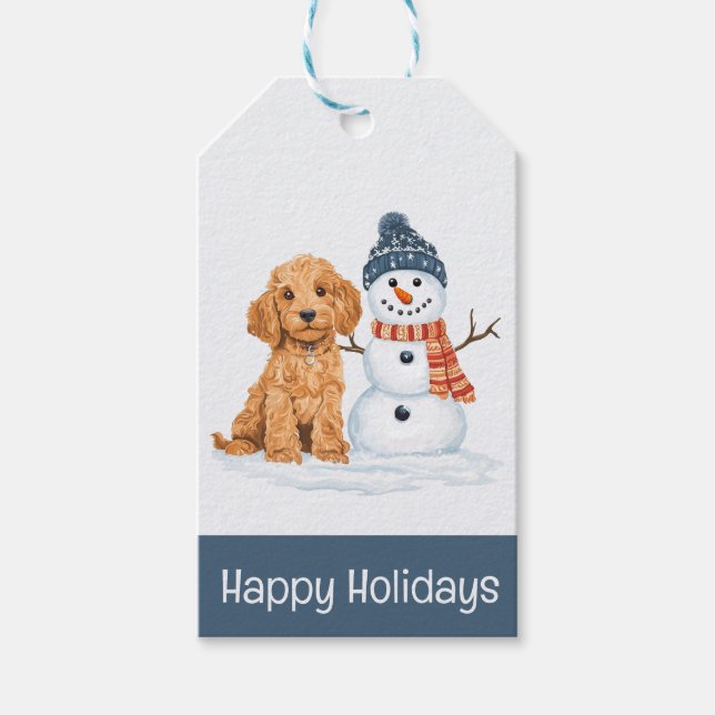 Etiqueta Para Presente Happy Holidays Winter Goldendoodle Dog Snowman (Frente)