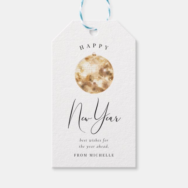 Etiqueta Para Presente Happy New Year Gold Disco Ball (Frente)