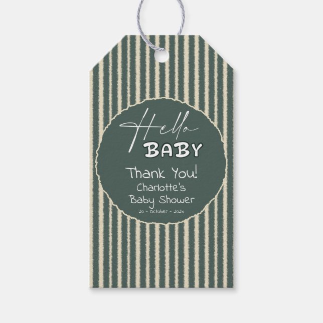 Etiqueta Para Presente Hello Baby Dark Green Stripes Baby Shower (Frente)
