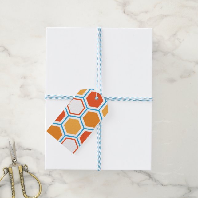 Etiqueta Para Presente Hexágono em laranja, azul e branco (Com cordão)