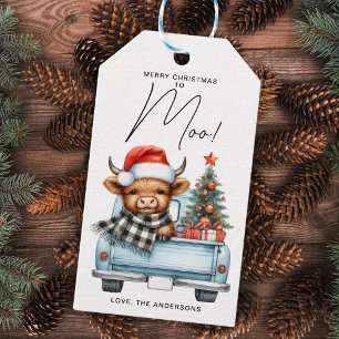 Etiqueta Para Presente Highland Cow Vintage Blue Truck Feliz Natal