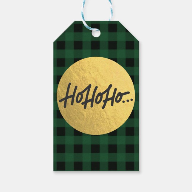 Etiqueta Para Presente HO HO Holiday Green Xadrez de Buffalo (Frente)