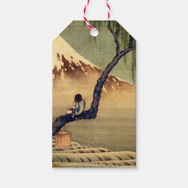 Etiqueta Para Presente Hokusai Boy Vivendo o Monte Fuji Japonês (Frente)