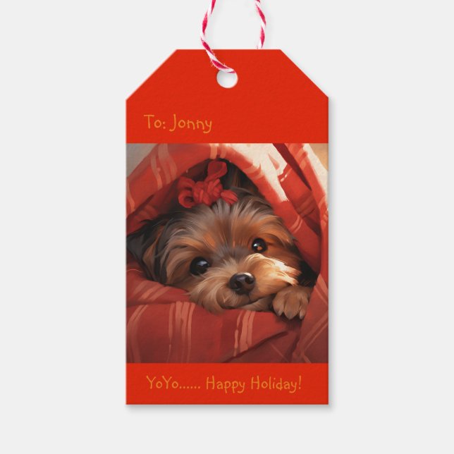 Etiqueta Para Presente Holiday Yorkshire Terrier (Frente)