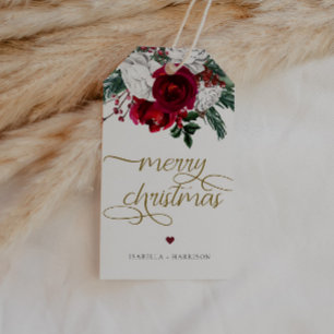 Etiqueta Para Presente HOLLY Burgundy Dourado Floral Feliz Natal