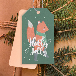 Etiqueta Para Presente Holly Jolly Little Cute Orange Fox Hunter Green