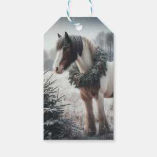 Etiqueta Para Presente Horse Christmas Wreath Snowy Pasture