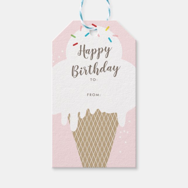 Etiqueta Para Presente Ice Cream Cone Script Happy Birthday (Frente)