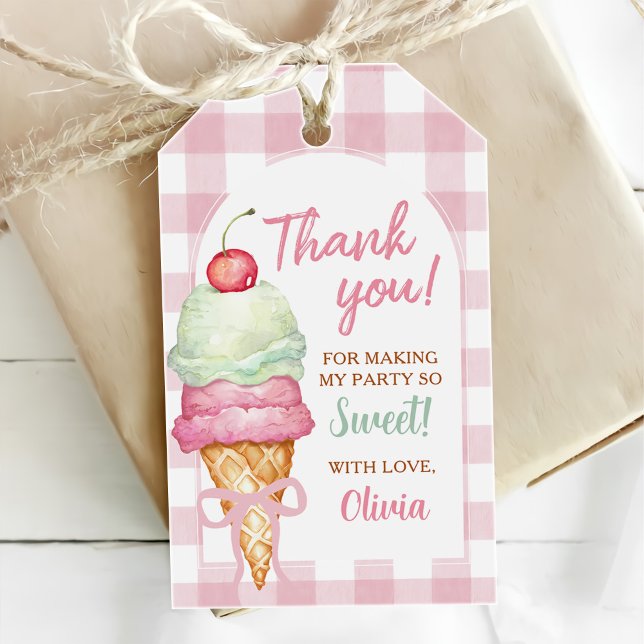 Etiqueta Para Presente Ice Cream Pink Bow Gingham Birthday Party (Criador carregado)