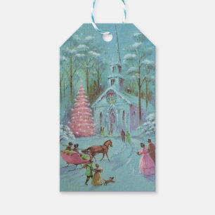 Etiqueta Para Presente Igreja de Natal Rosa Vintage