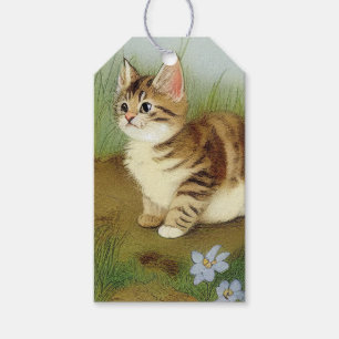 Etiqueta Para Presente Ilustração Vintage Kitten com Flores