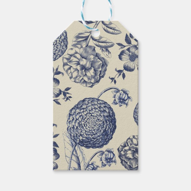 Etiqueta Para Presente Impressão Flor Azul Antiquado Floral (Frente)