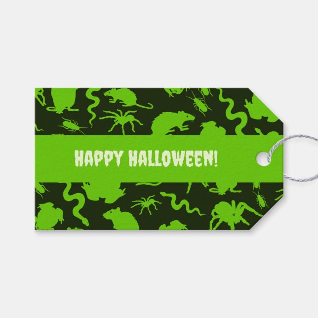 Etiqueta Para Presente Insetos Assustadores Feliz Halloween! Padrão Verde (Frente (horizontal))