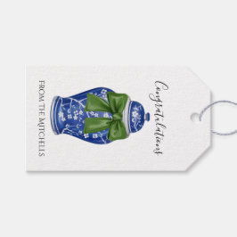 Etiqueta Para Presente Jarra de Gengibre Azul e Branco com Laço Verde